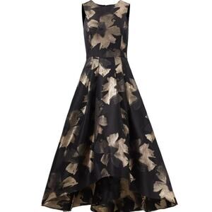 Shoshanna Size 0 Black Gold Coraline Jacquard Cocktail Floral Luxury Midi Dress